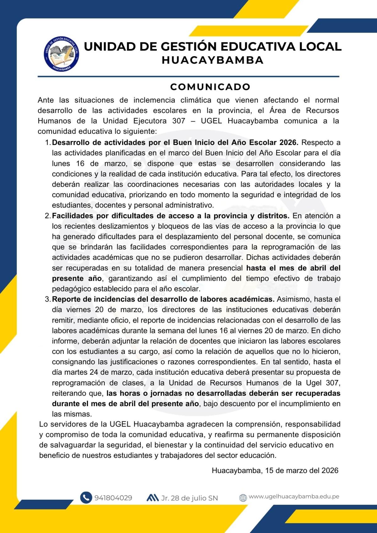 COMUNICADO: DISPOSICIONES POR EMERGENCIA CLIMÁTICA