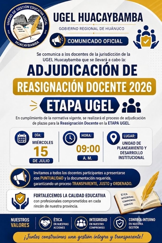 📢 COMUNICADO | ADJUDICACIÓN DE REASIGNACIÓN DOCENTE 2026 – ETAPA UGEL