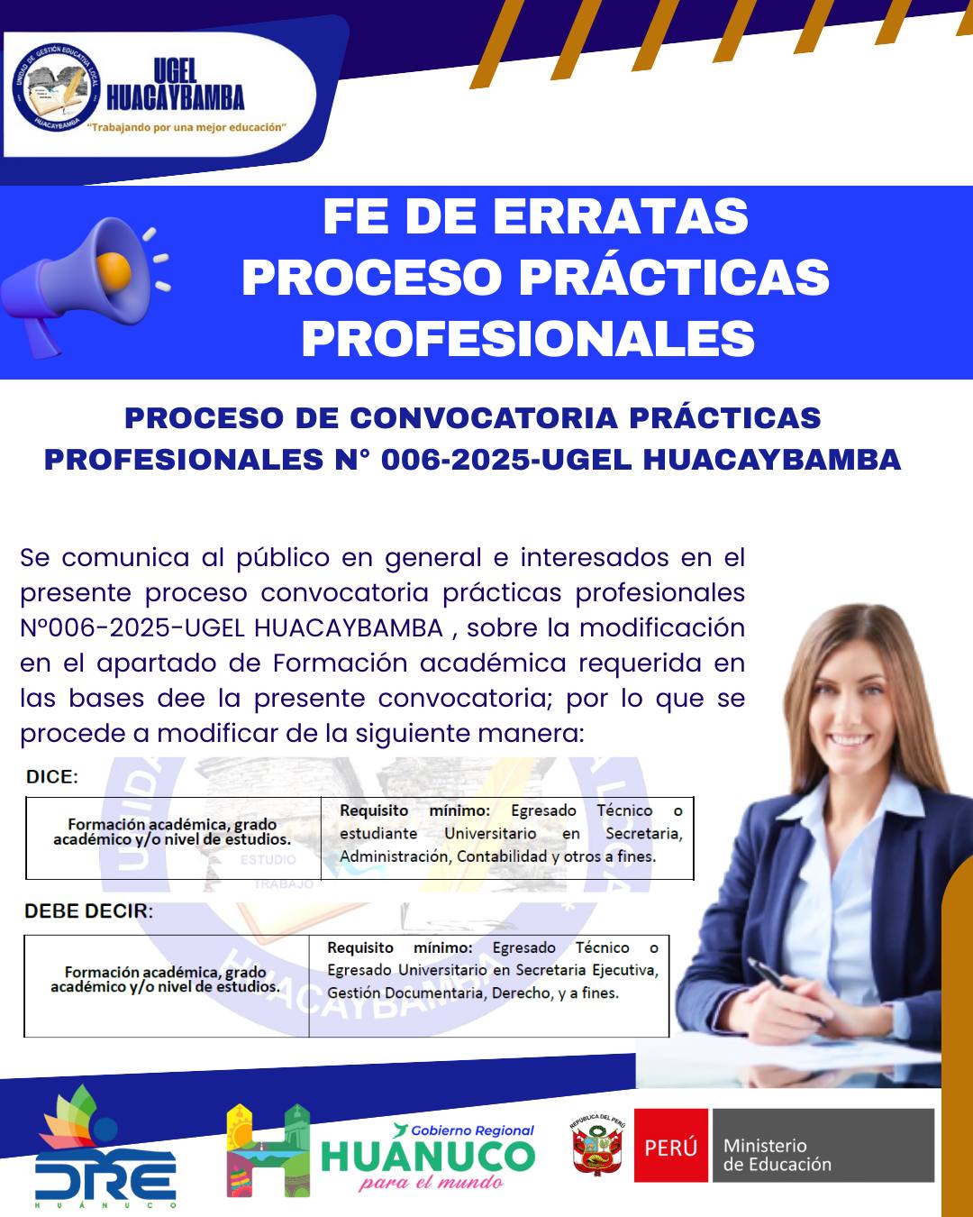 FE DE ERRATAS DE  PRÁCTICAS PROFESIONALES N° 006-2025-UGELHUACAYBAMBA
